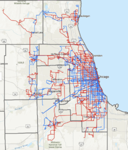 A map of Chicago and its surrounding suburbs are criss-crossed with blue and red lines showing cuts to bus routes will affect hundreds of municipalities